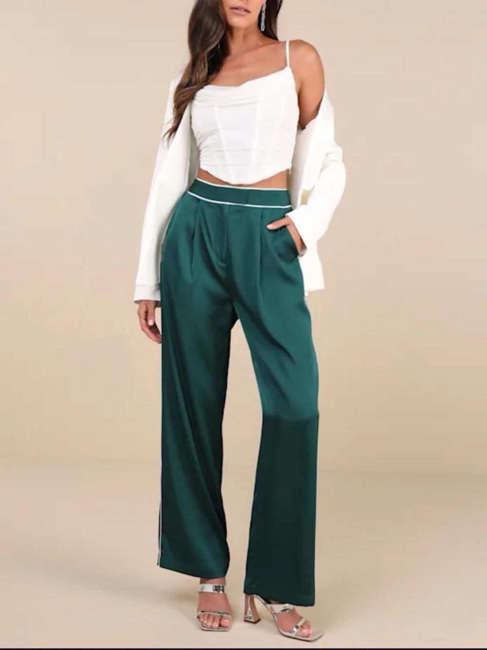 Lulus Women's Emerald Wide-Leg Satin trouser Pants NWT XS